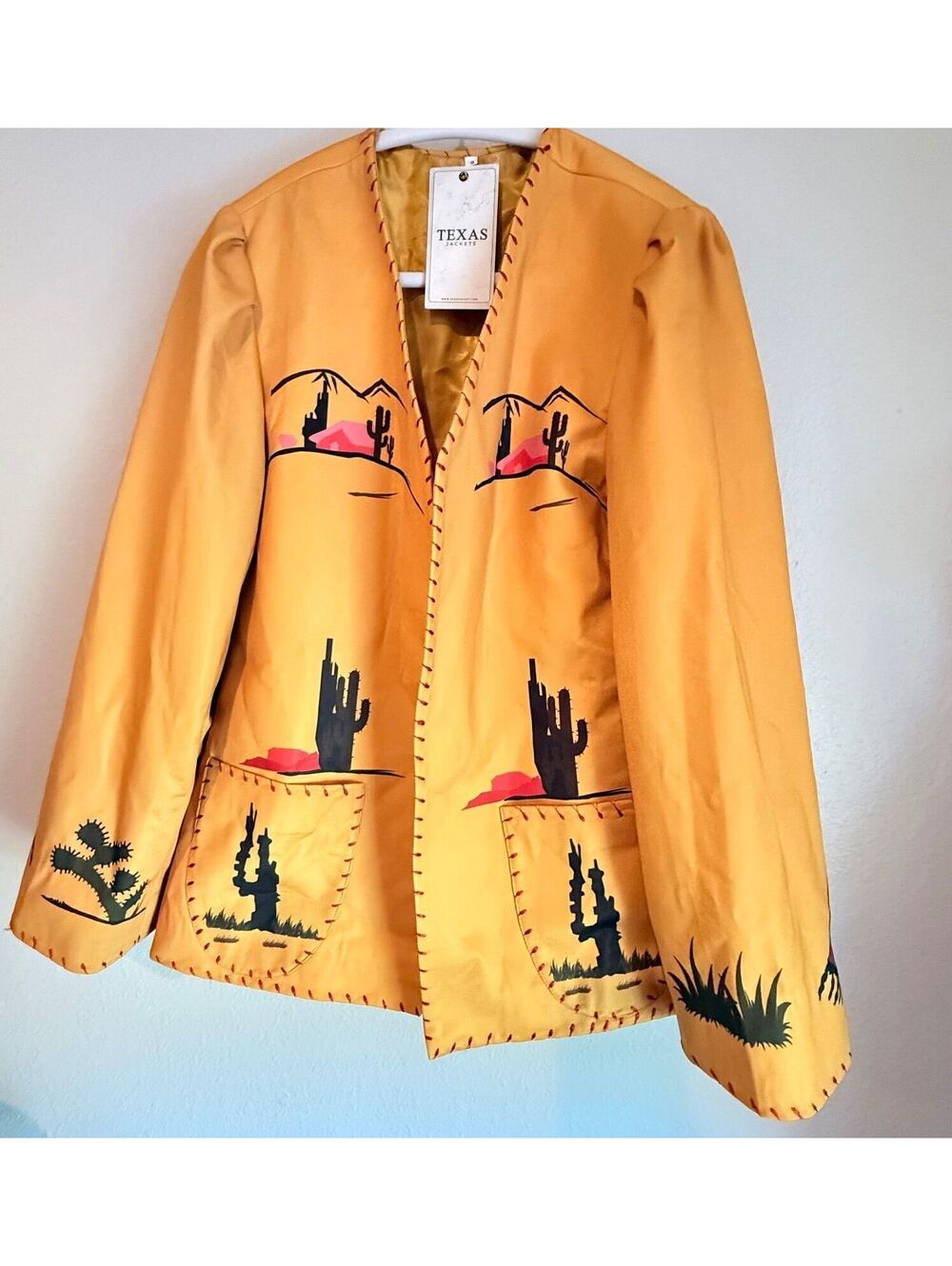 NWT Texas Jackets Blazer Mustard Color Whipstitch Cactus Sunset Motif Small